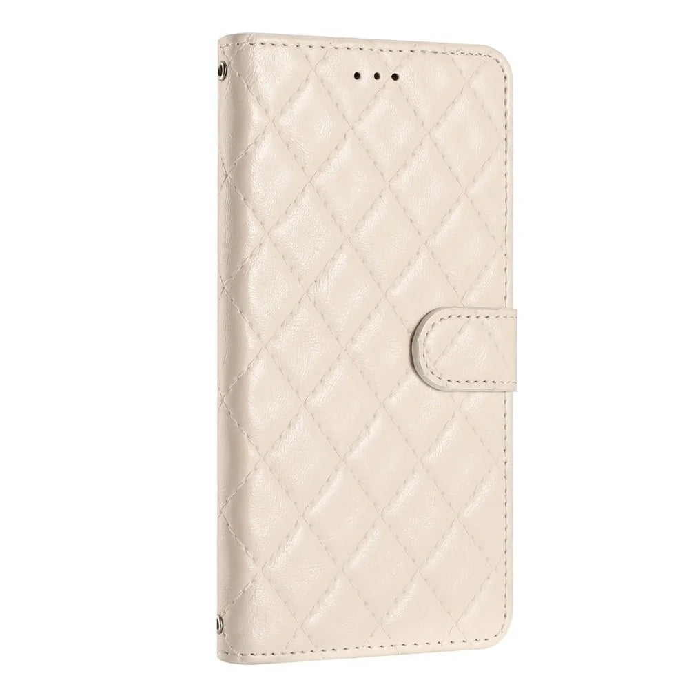 For Google Pixel 7a PU Leather Wallet Phone Case Stitching Line Rhombus Flip Stand Protective Cover - White - 7