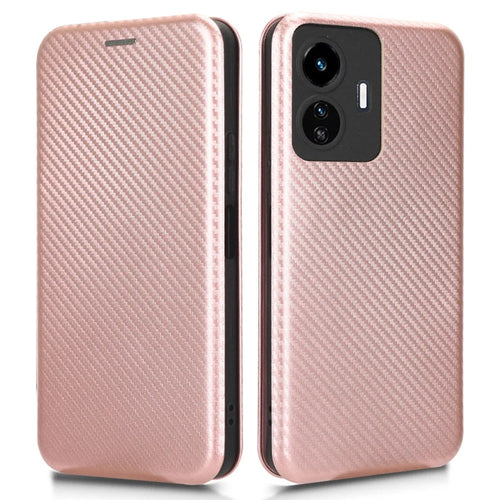 For vivo Y77 5G Carbon Fiber Texture Leather Phone Case Cover with Stand Card Holder - Rose Gold - 1