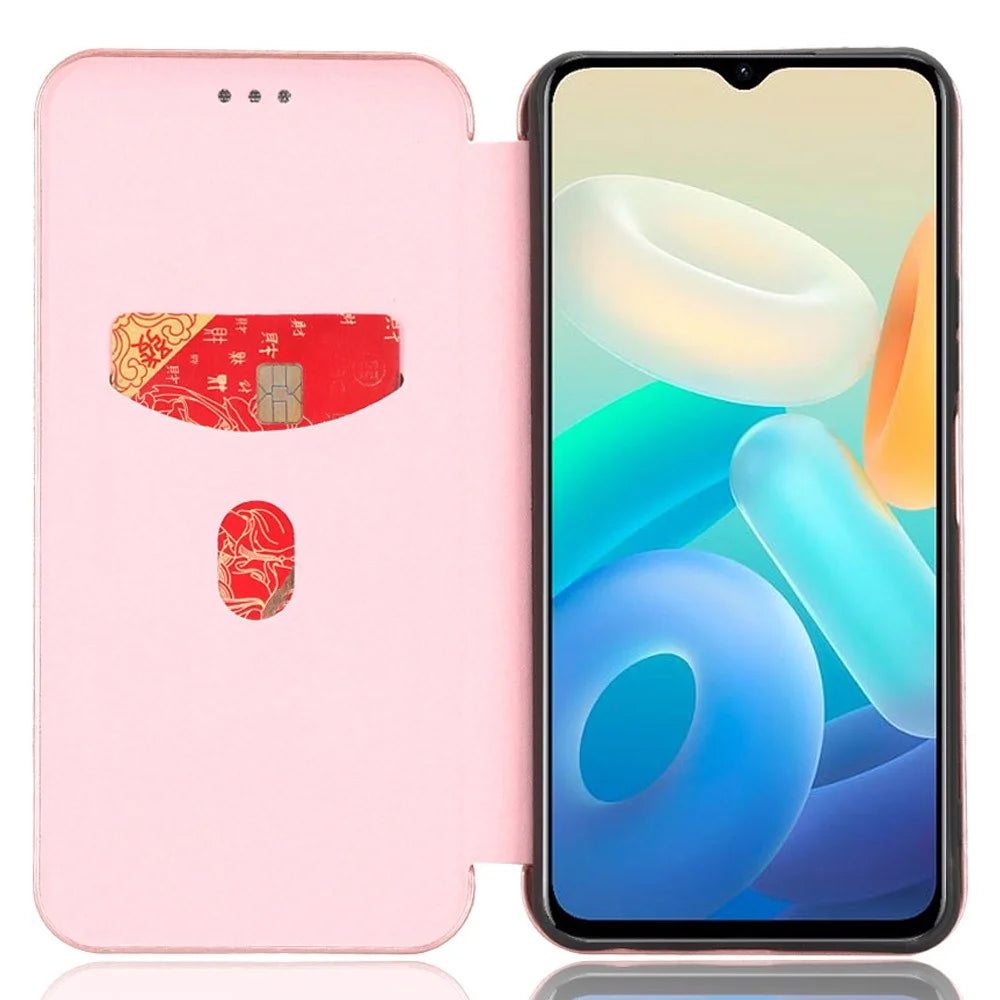 For vivo Y77 5G Carbon Fiber Texture Leather Phone Case Cover with Stand Card Holder - Rose Gold - 2
