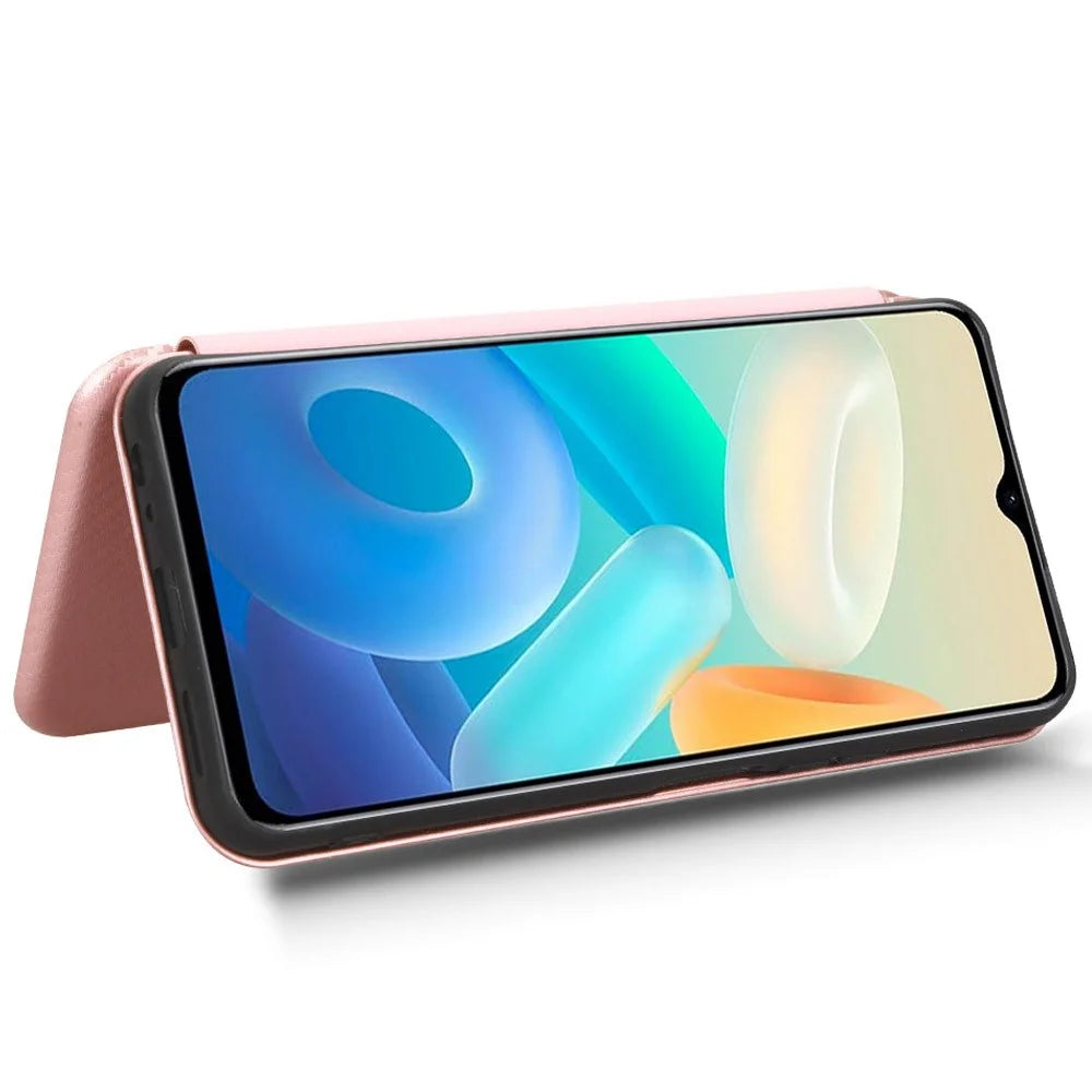 For vivo Y77 5G Carbon Fiber Texture Leather Phone Case Cover with Stand Card Holder - Rose Gold - 3