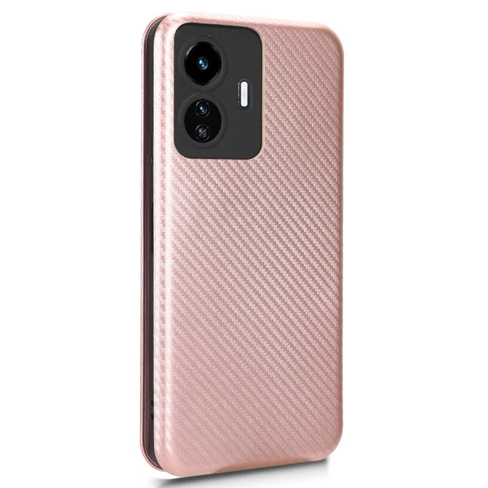 For vivo Y77 5G Carbon Fiber Texture Leather Phone Case Cover with Stand Card Holder - Rose Gold - 7