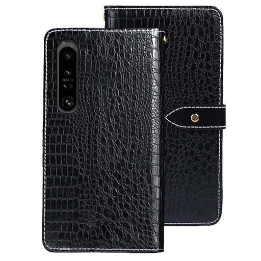 IDEWEI Stand Cover for Sony Xperia 1 V PU Leather Phone Case Crocodile Texture Wallet Shell - Black - 1