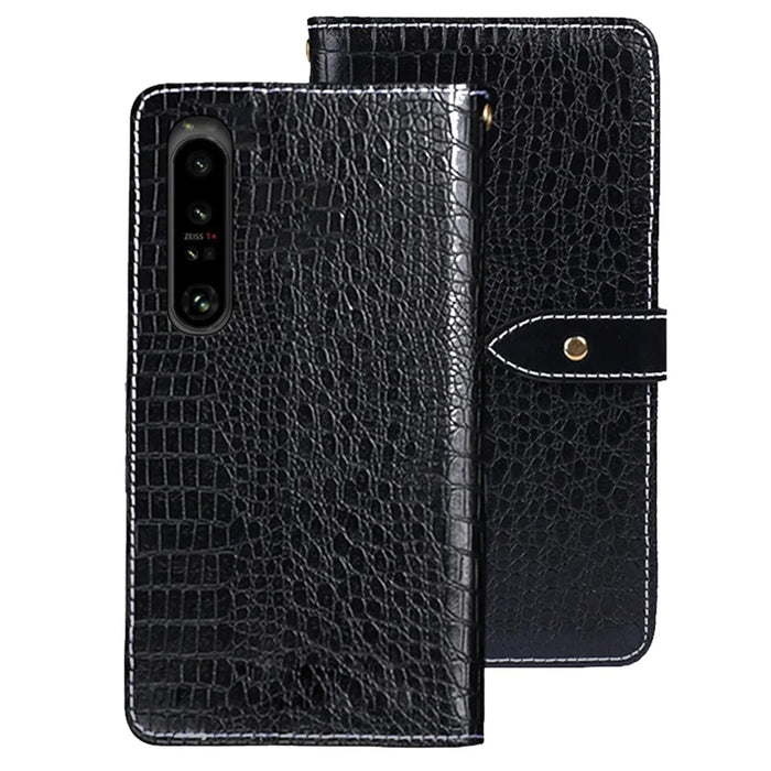IDEWEI Stand Cover for Sony Xperia 1 V PU Leather Phone Case Crocodile Texture Wallet Shell - Black - 1