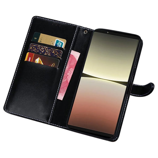 IDEWEI Stand Cover for Sony Xperia 1 V PU Leather Phone Case Crocodile Texture Wallet Shell - Black - 2