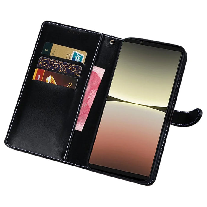 IDEWEI Stand Cover for Sony Xperia 1 V PU Leather Phone Case Crocodile Texture Wallet Shell - Black - 2