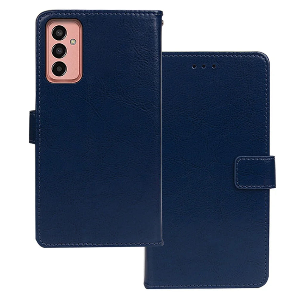 IDEWEI Phone Shell for Samsung Galaxy M13 4G PU Leather Stand Case Crazy Horse Texture Wallet Cover - Blue - 1