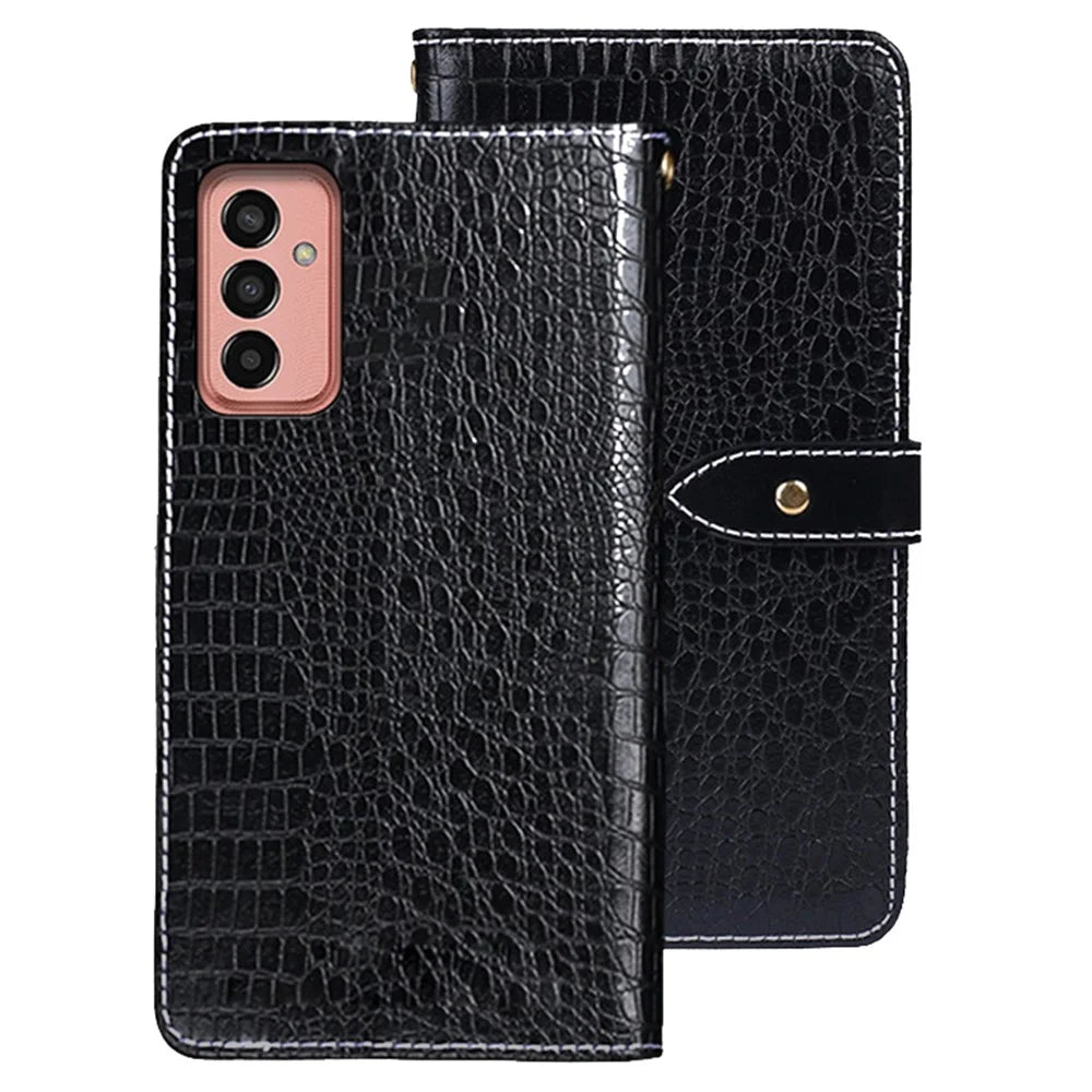 IDEWEI For Samsung Galaxy M13 4G PU Leather Crocodile Texture Phone Case Wallet Stand Cover - Black - 1