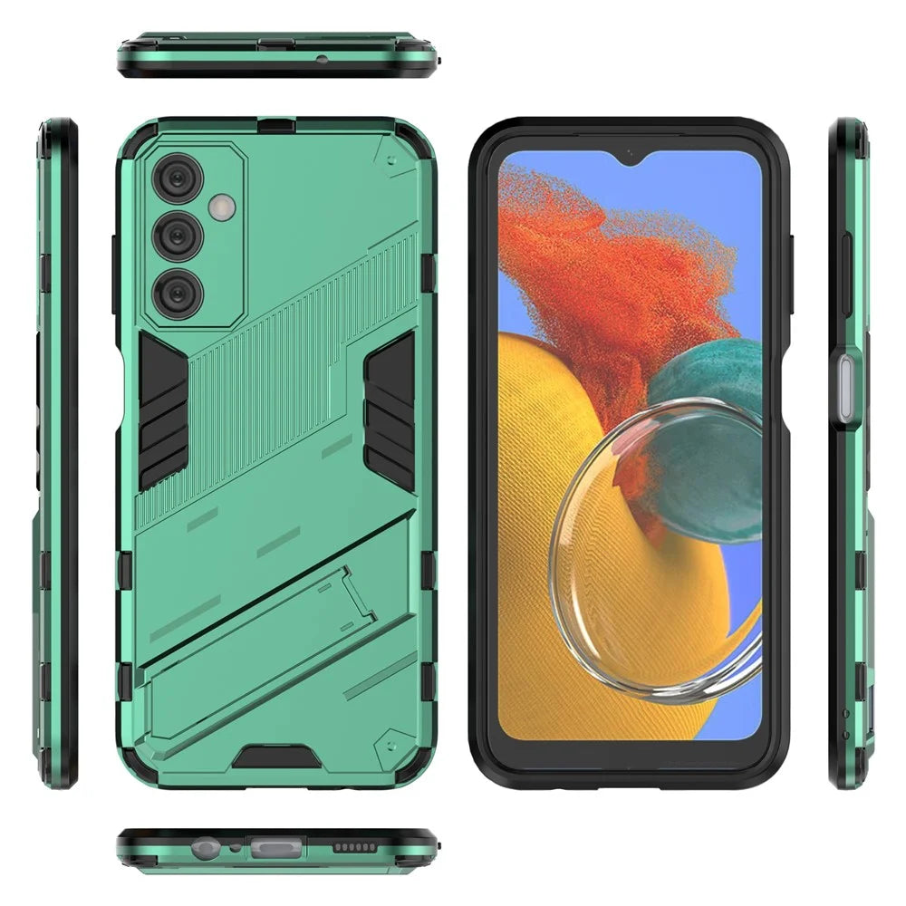 For Samsung Galaxy M14 5G PC + TPU Impact-Resistant Case Kickstand Protective Phone Cover - Green - 7