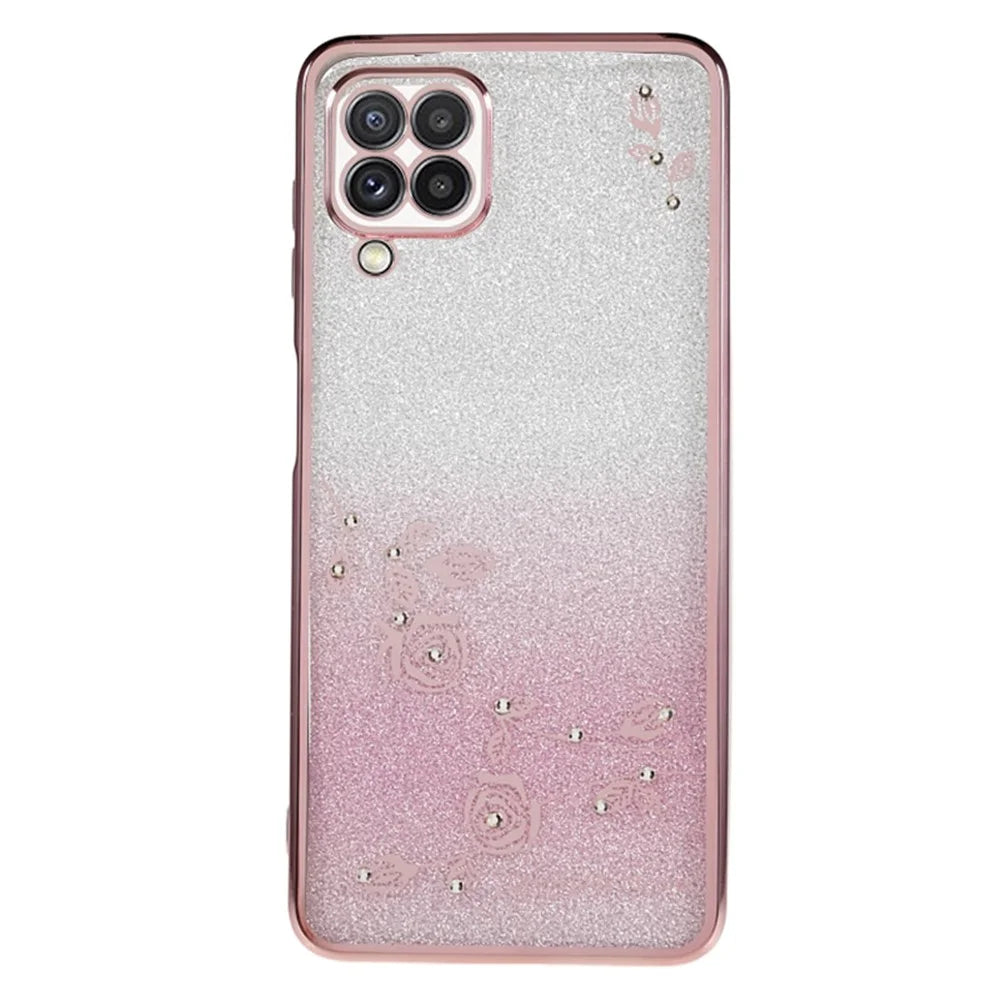 KADEM For Samsung Galaxy A12 Gradient Glitter Case Flower Pattern Rhinestone TPU Phone Cover - Rose Gold - 1