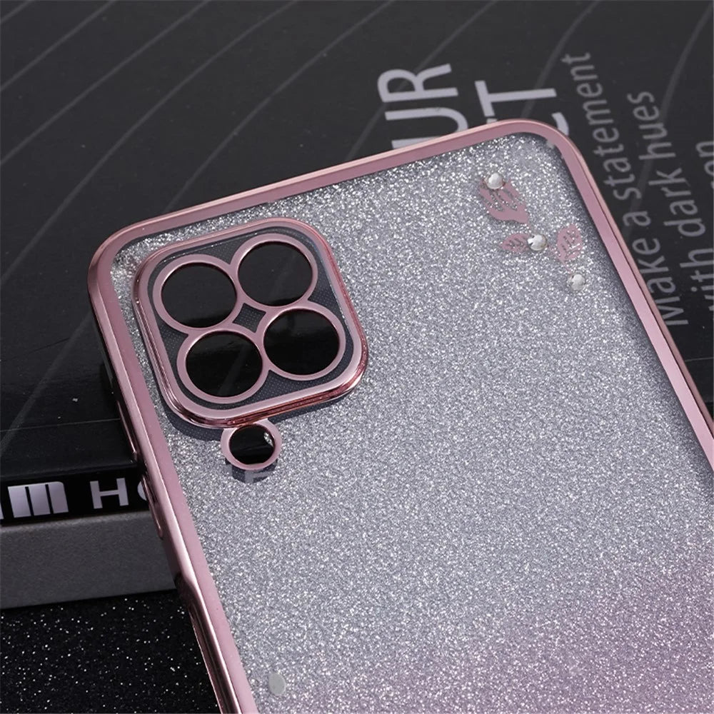 KADEM For Samsung Galaxy A12 Gradient Glitter Case Flower Pattern Rhinestone TPU Phone Cover - Rose Gold - 5