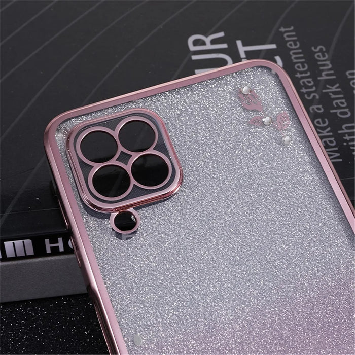 KADEM For Samsung Galaxy A12 Gradient Glitter Case Flower Pattern Rhinestone TPU Phone Cover - Rose Gold - 5