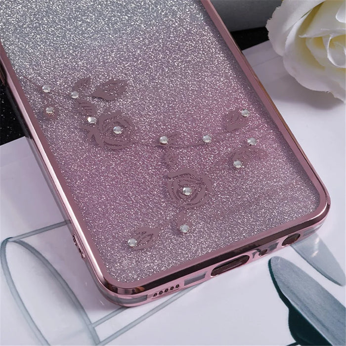 KADEM For Samsung Galaxy A12 Gradient Glitter Case Flower Pattern Rhinestone TPU Phone Cover - Rose Gold - 6