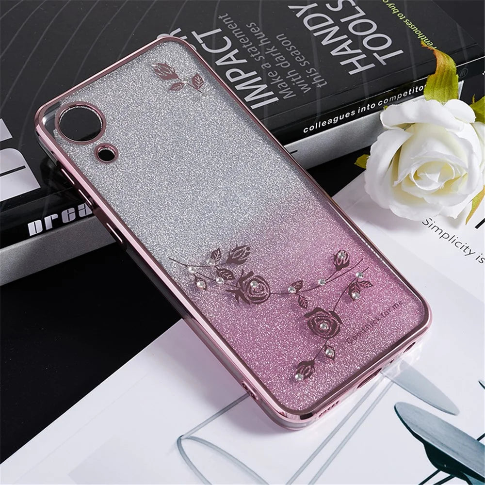 KADEM For Samsung Galaxy A03 Core Gradient Glitter TPU Case Floral Pattern Rhinestone Phone Cover - Rose Gold - 3