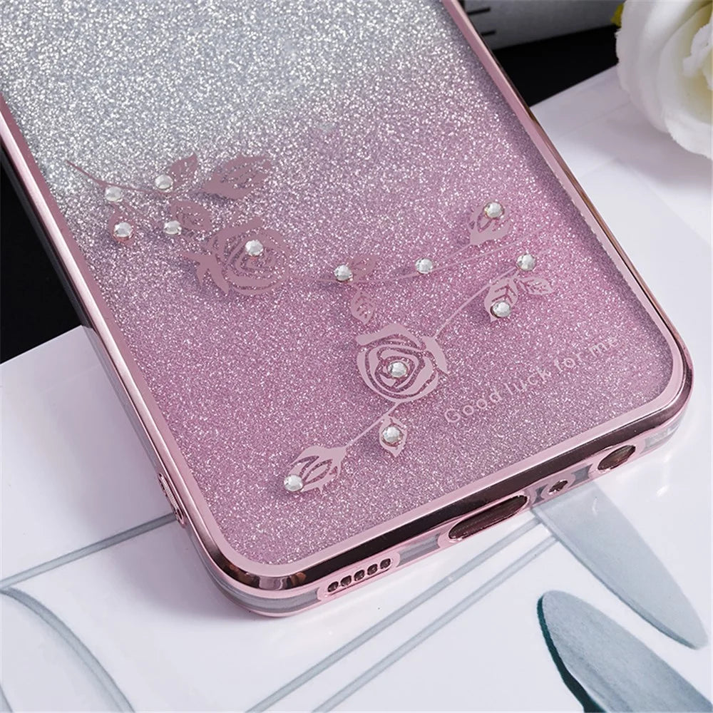 KADEM For Samsung Galaxy A03 Core Gradient Glitter TPU Case Floral Pattern Rhinestone Phone Cover - Rose Gold - 5