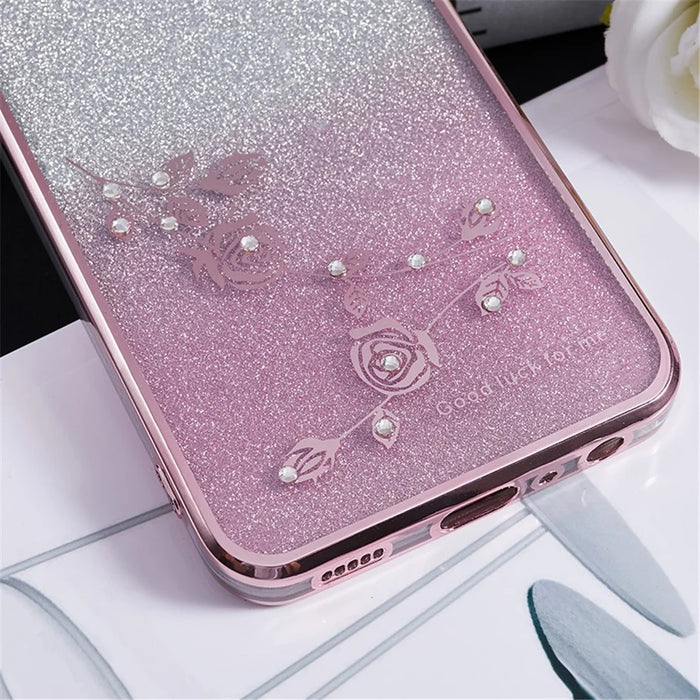 KADEM For Samsung Galaxy A03 Core Gradient Glitter TPU Case Floral Pattern Rhinestone Phone Cover - Rose Gold - 5