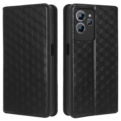For Oukitel C32 Wallet Stand Leather Phone Cover Rhombus Imprinted Phone Case - Black - 1