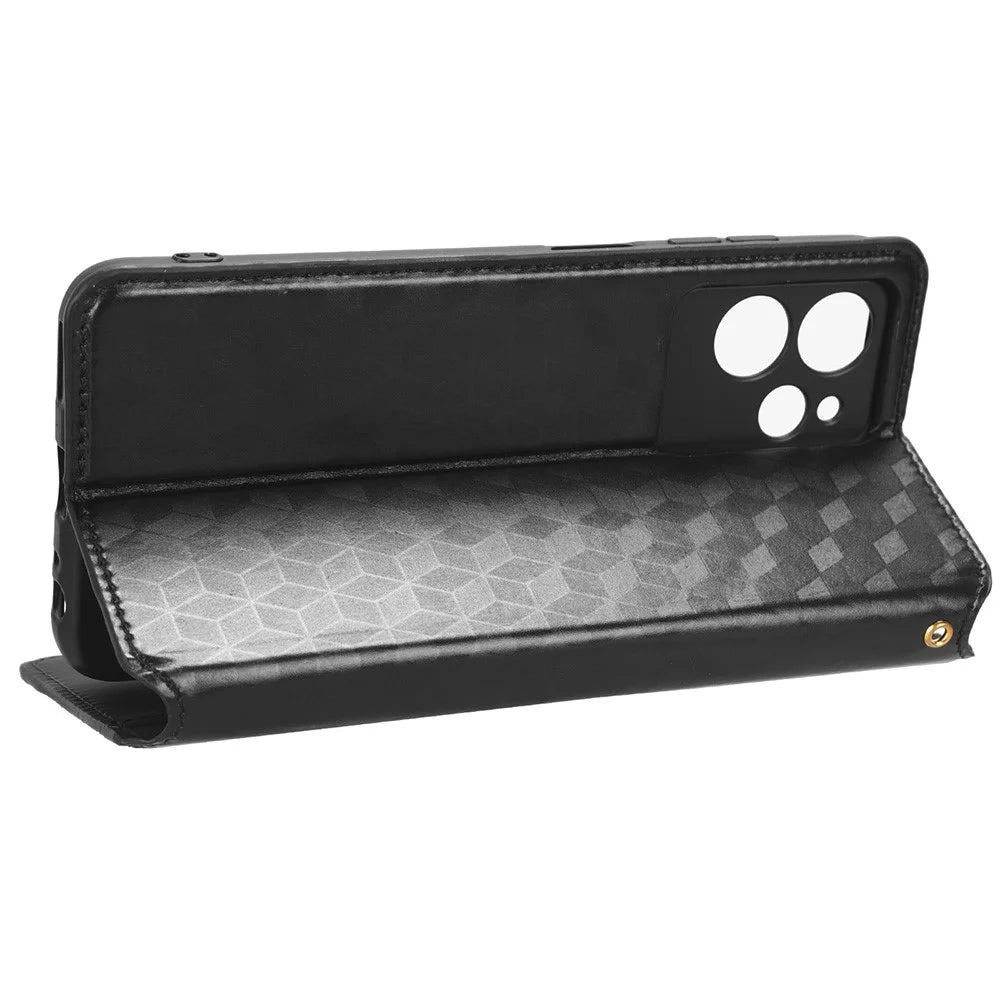 For Oukitel C32 Wallet Stand Leather Phone Cover Rhombus Imprinted Phone Case - Black - 3