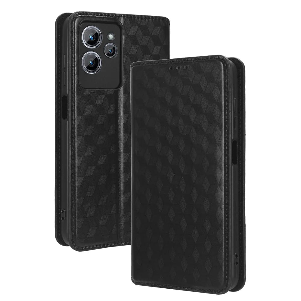 For Oukitel C32 Wallet Stand Leather Phone Cover Rhombus Imprinted Phone Case - Black - 7