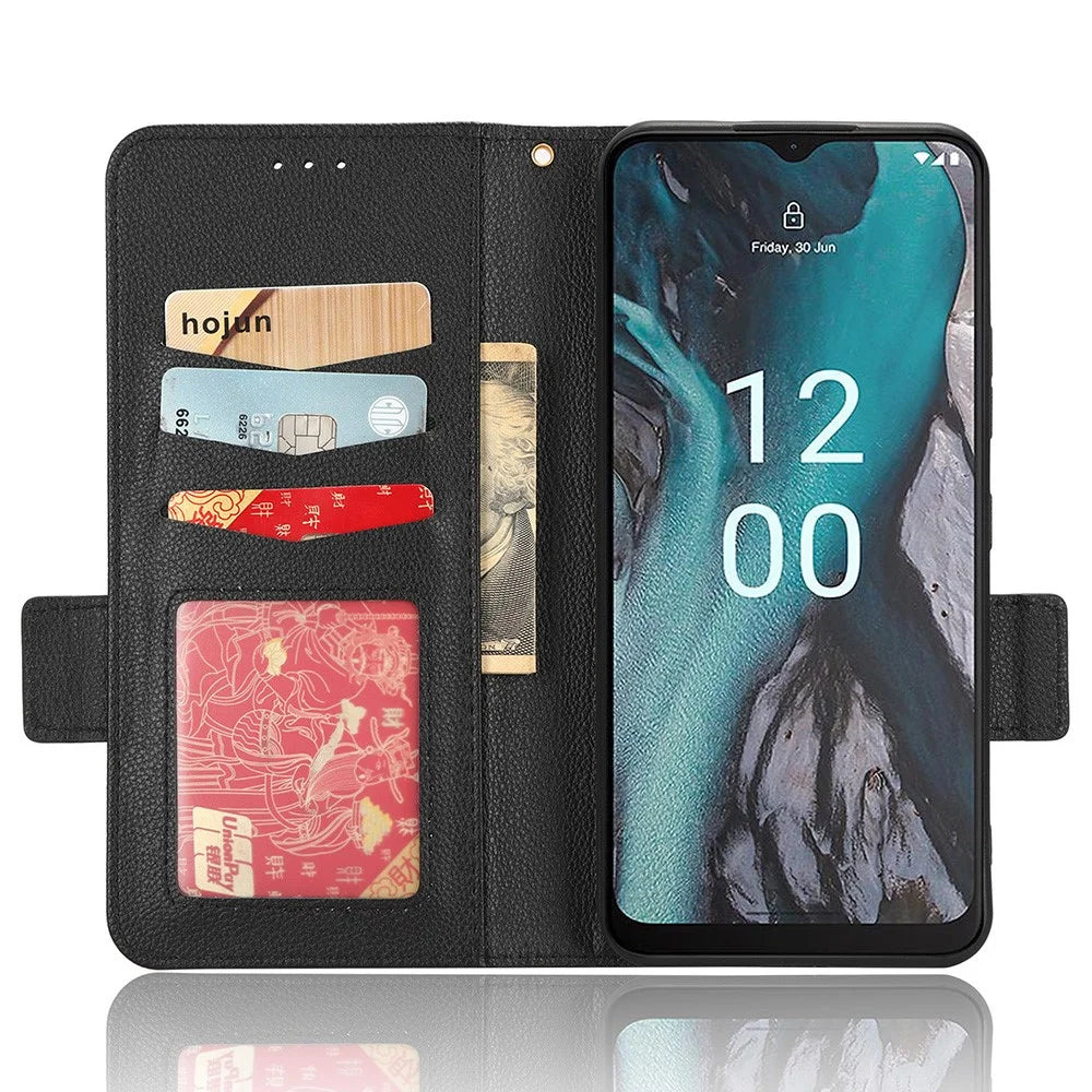 For Nokia C22 PU Leather Anti-drop Phone Case Litchi Texture Flip Stand Wallet Cover - Black - 2