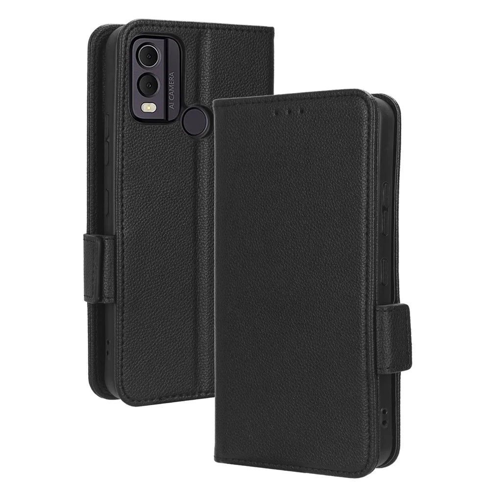 For Nokia C22 PU Leather Anti-drop Phone Case Litchi Texture Flip Stand Wallet Cover - Black - 7