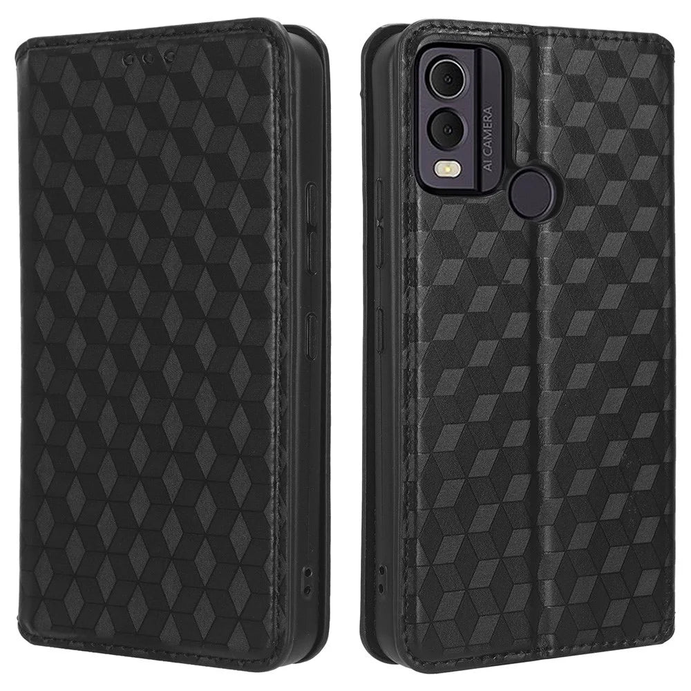 For Nokia C22 PU Leather Magnetic Closing Cover Rhombus Imprinted Wallet Stand Phone Case - Black - 1