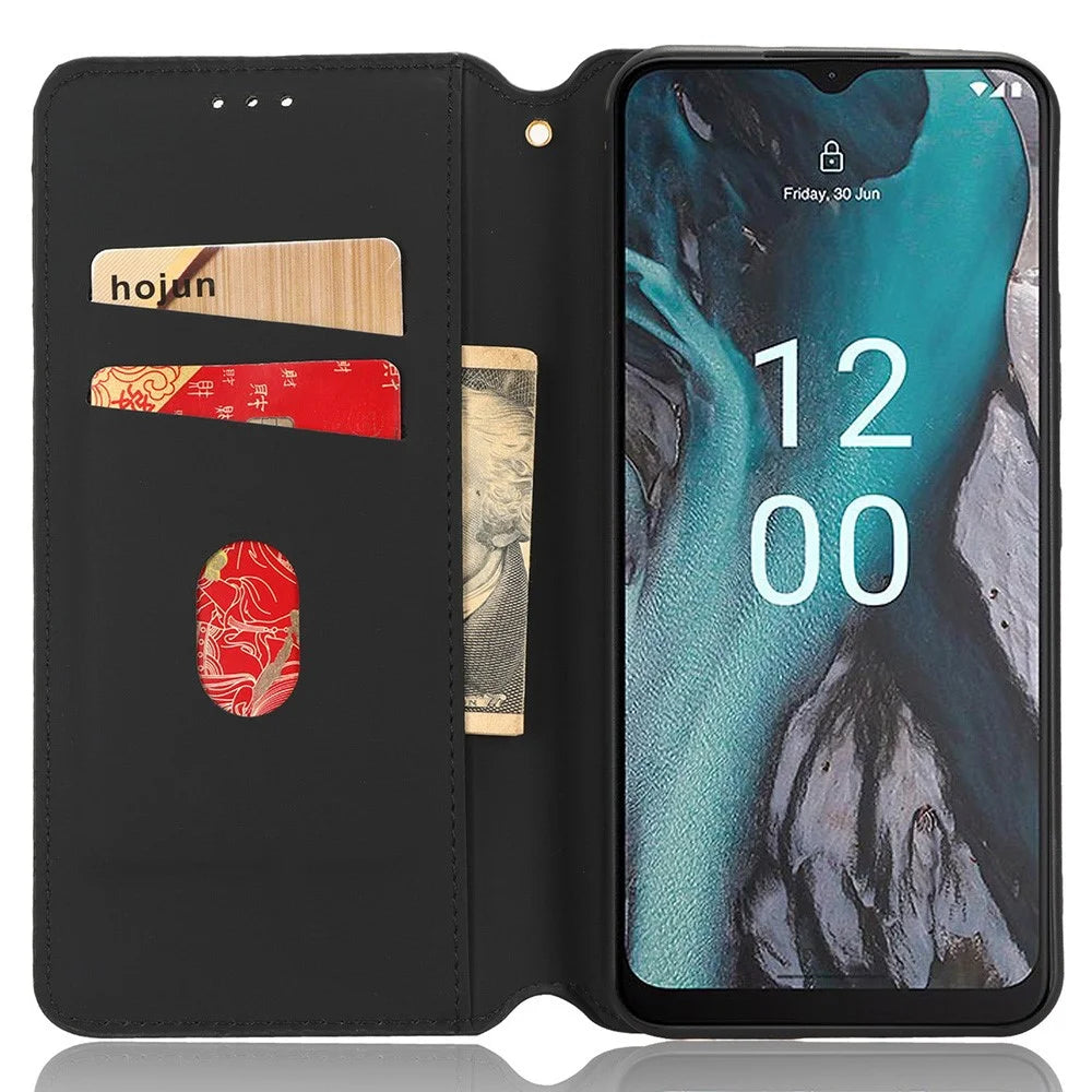 For Nokia C22 PU Leather Magnetic Closing Cover Rhombus Imprinted Wallet Stand Phone Case - Black - 2