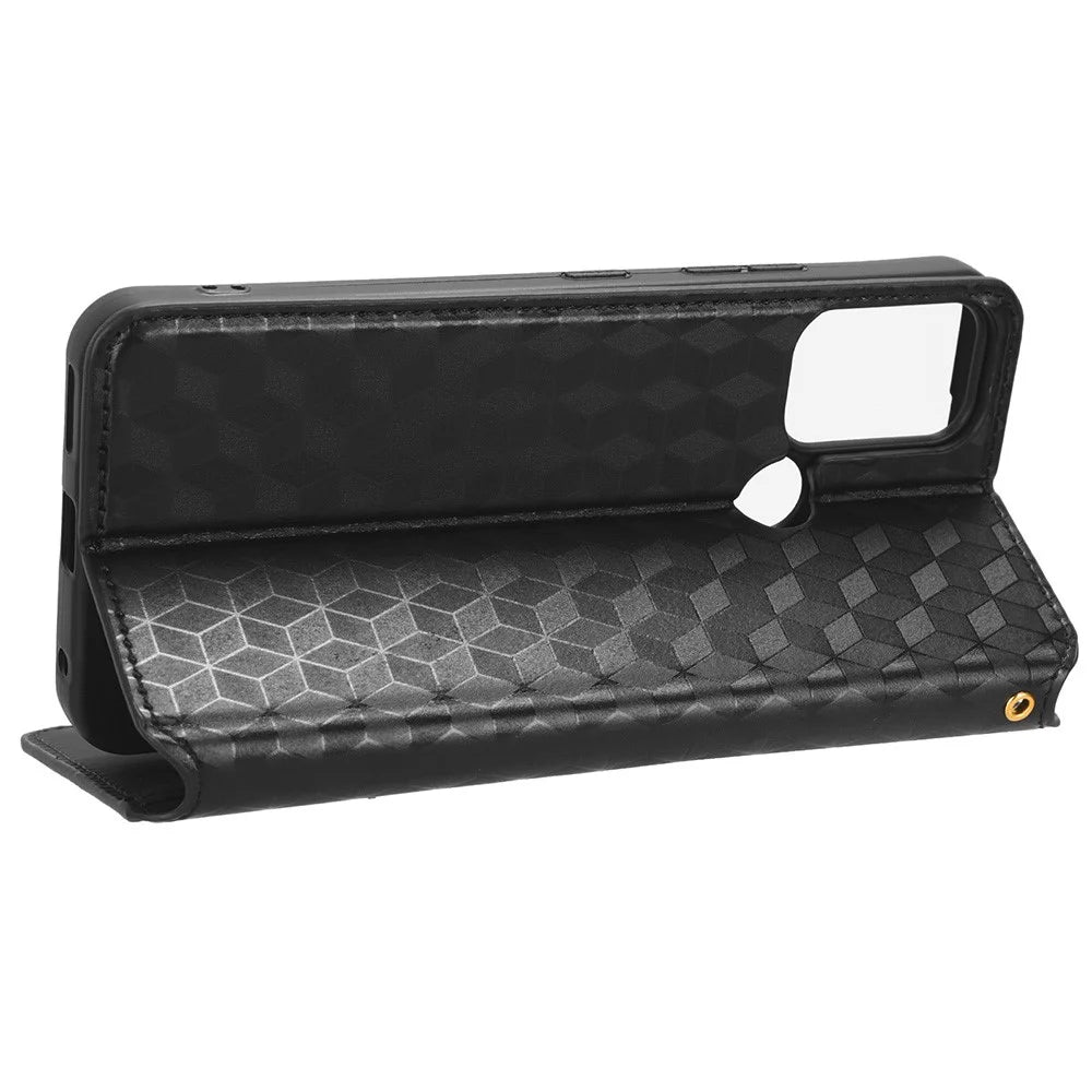 For Nokia C22 PU Leather Magnetic Closing Cover Rhombus Imprinted Wallet Stand Phone Case - Black - 3