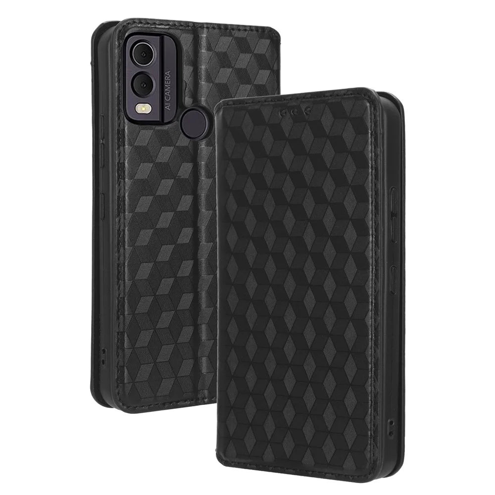 For Nokia C22 PU Leather Magnetic Closing Cover Rhombus Imprinted Wallet Stand Phone Case - Black - 7