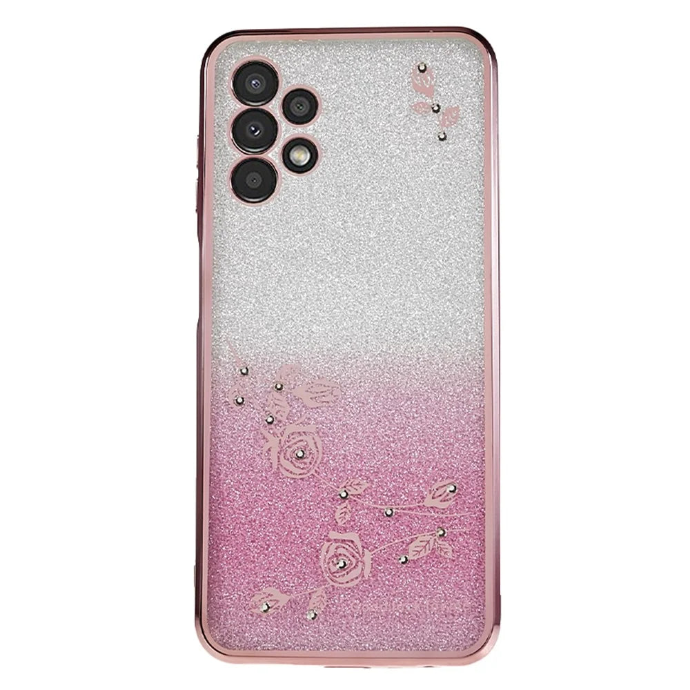 KADEM TPU Back Case for Samsung Galaxy A13 4G Gradient Glitter Floral Pattern Rhinestone Phone Cover - Rose Gold - 1