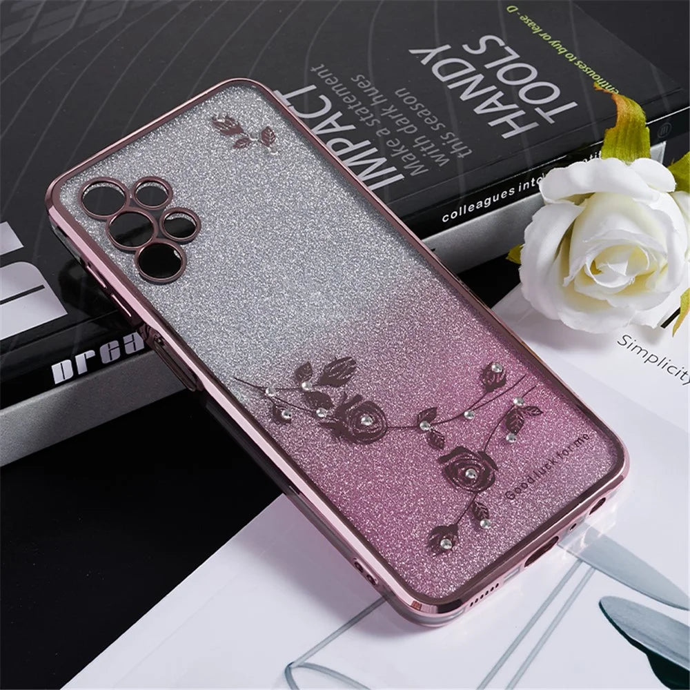 KADEM TPU Back Case for Samsung Galaxy A13 4G Gradient Glitter Floral Pattern Rhinestone Phone Cover - Rose Gold - 3