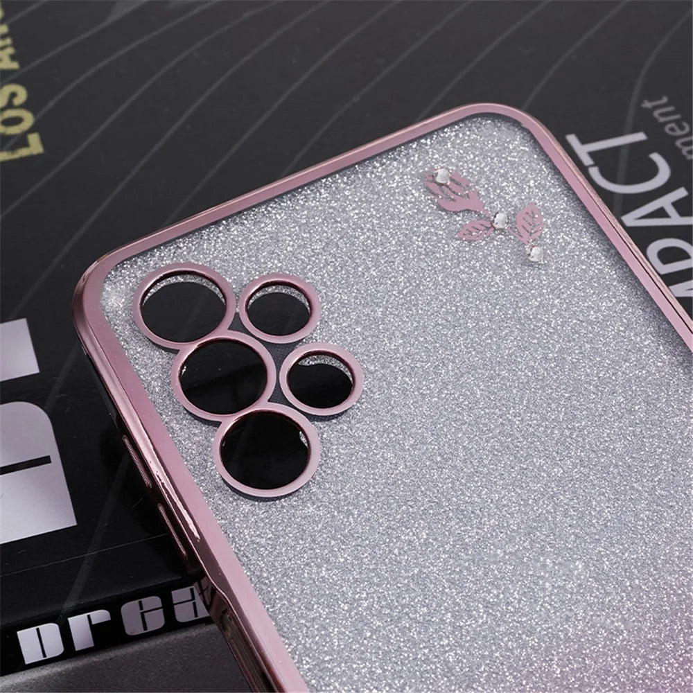 KADEM TPU Back Case for Samsung Galaxy A13 4G Gradient Glitter Floral Pattern Rhinestone Phone Cover - Rose Gold - 4