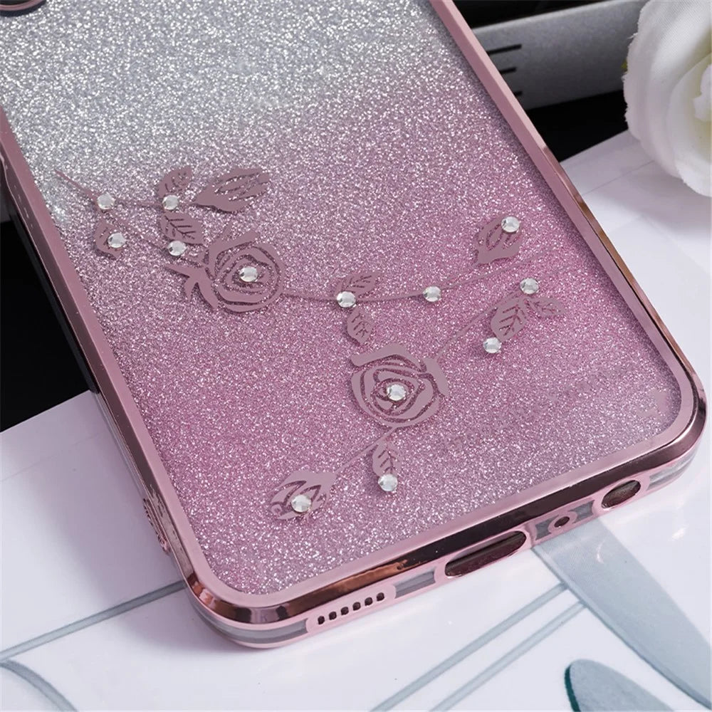 KADEM TPU Back Case for Samsung Galaxy A13 4G Gradient Glitter Floral Pattern Rhinestone Phone Cover - Rose Gold - 5