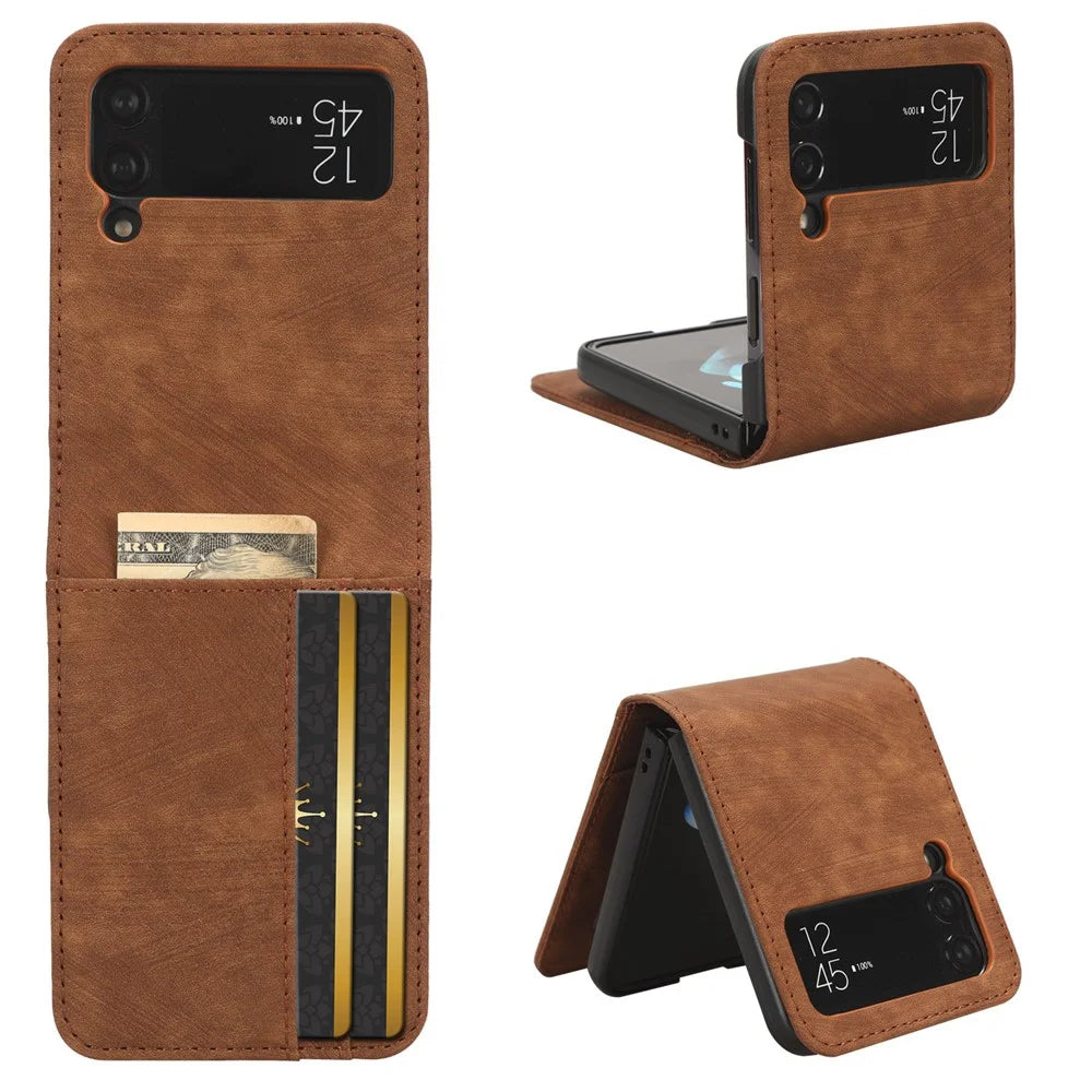 For Samsung Galaxy Z Flip3 5G Card Holder PU Leather Phone Case Two-piece Design Phone Cover - Brown - 1