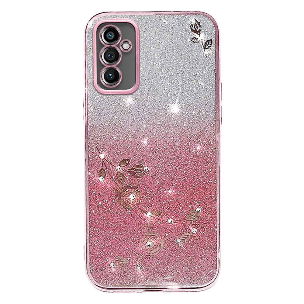 KADEM For Samsung Galaxy M52 5G Rhinestone Flower Design Phone Case Gradient Glitter TPU Anti-scratch Cover - Rose Gold - 1