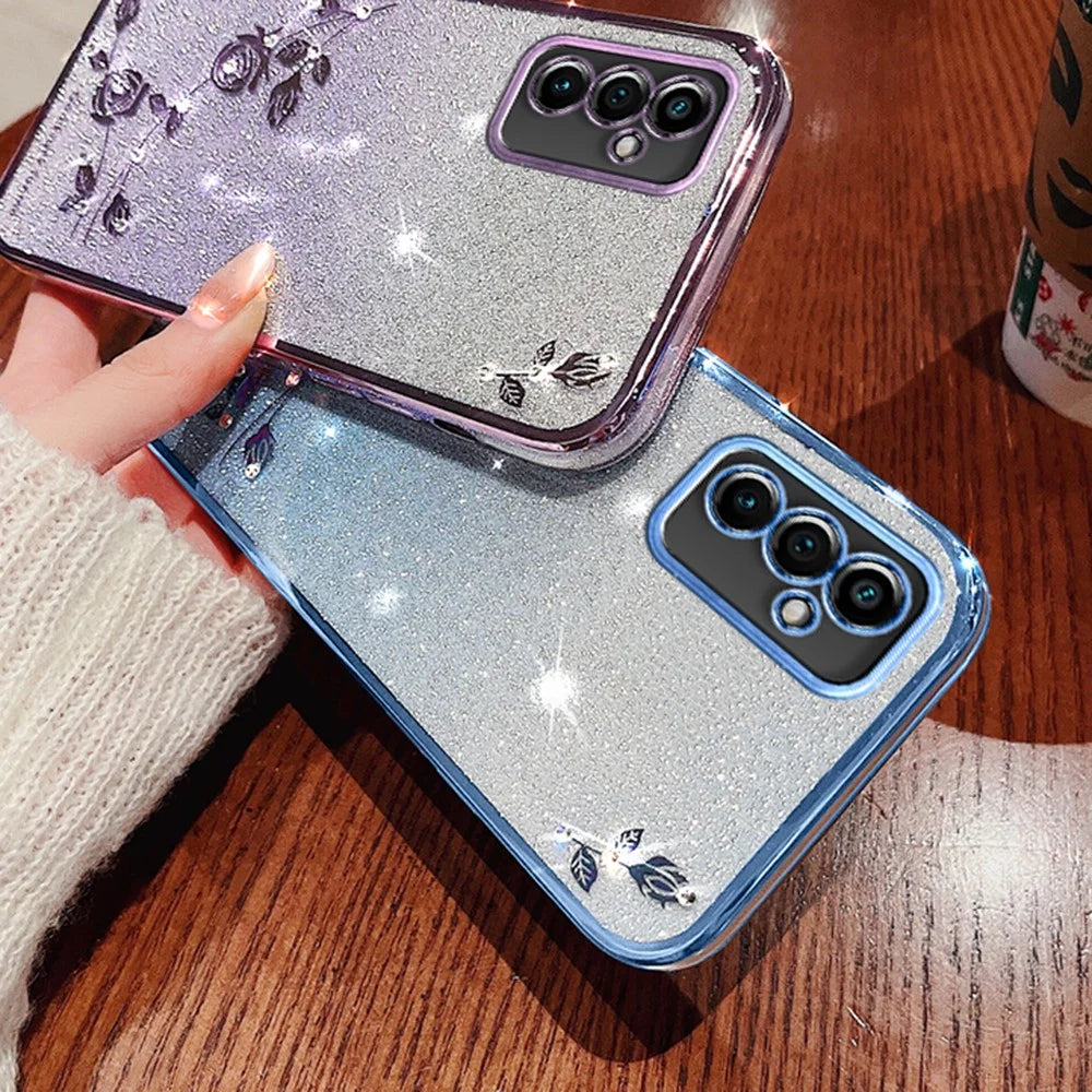 KADEM For Samsung Galaxy M52 5G Rhinestone Flower Design Phone Case Gradient Glitter TPU Anti-scratch Cover - Rose Gold - 4