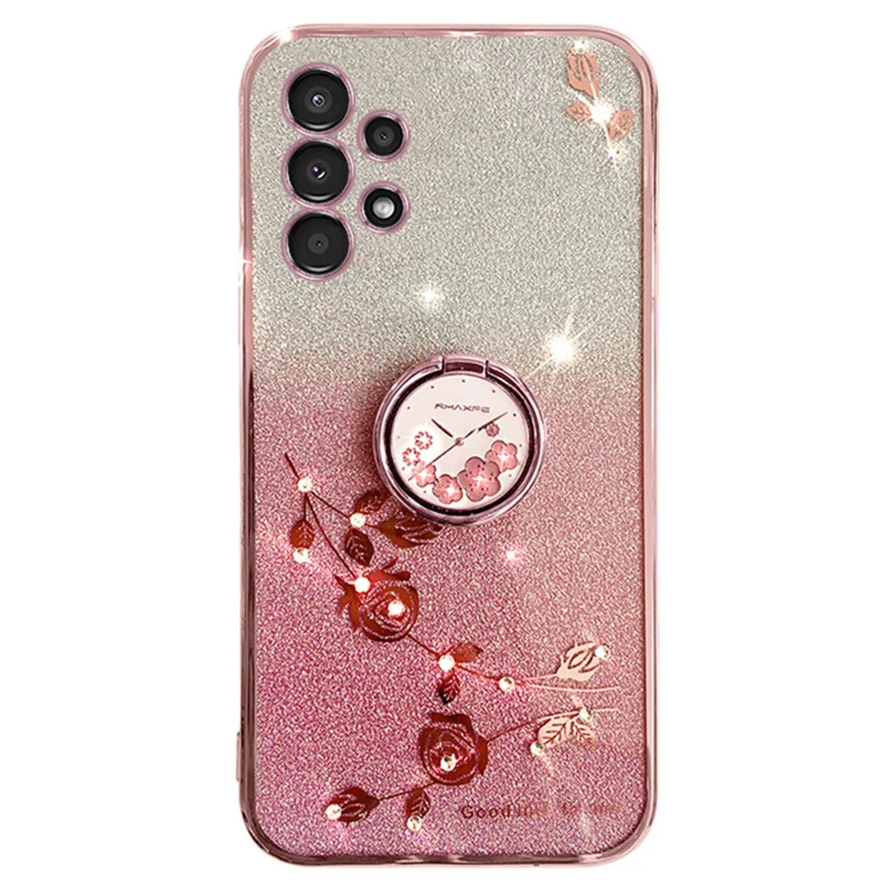 KADEM For Samsung Galaxy A13 4G Rhinestone Flower Anti-drop Cover Ring Kickstand Glitter Gradient TPU Case - Rose Gold - 1