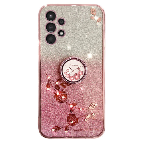 KADEM For Samsung Galaxy A13 4G Rhinestone Flower Anti-drop Cover Ring Kickstand Glitter Gradient TPU Case - Rose Gold - 1