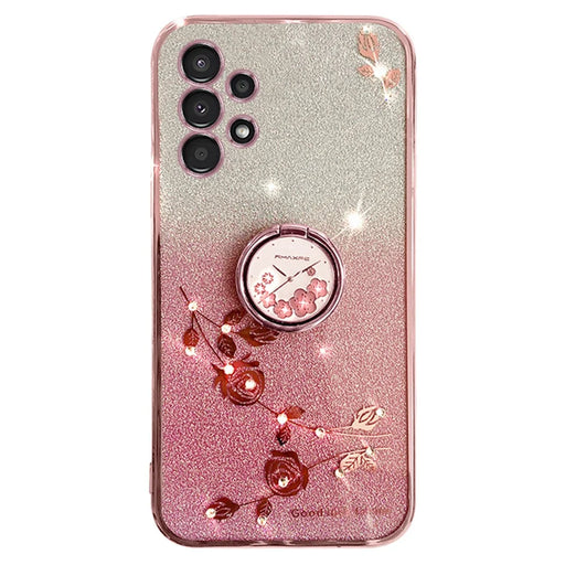 KADEM For Samsung Galaxy A13 4G Rhinestone Flower Anti-drop Cover Ring Kickstand Glitter Gradient TPU Case - Rose Gold - 1