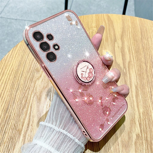 KADEM For Samsung Galaxy A13 4G Rhinestone Flower Anti-drop Cover Ring Kickstand Glitter Gradient TPU Case - Rose Gold - 2