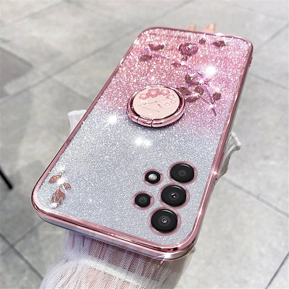 KADEM For Samsung Galaxy A13 4G Rhinestone Flower Anti-drop Cover Ring Kickstand Glitter Gradient TPU Case - Rose Gold - 3