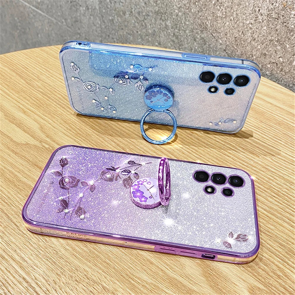 KADEM For Samsung Galaxy A13 4G Rhinestone Flower Anti-drop Cover Ring Kickstand Glitter Gradient TPU Case - Rose Gold - 5