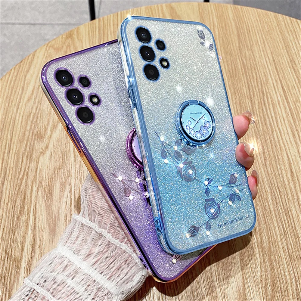 KADEM For Samsung Galaxy A13 4G Rhinestone Flower Anti-drop Cover Ring Kickstand Glitter Gradient TPU Case - Rose Gold - 6