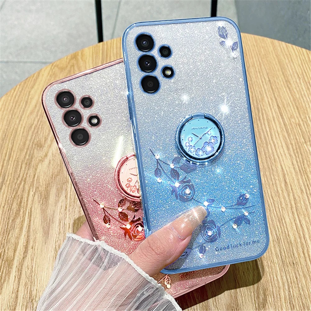 KADEM For Samsung Galaxy A13 4G Rhinestone Flower Anti-drop Cover Ring Kickstand Glitter Gradient TPU Case - Rose Gold - 7
