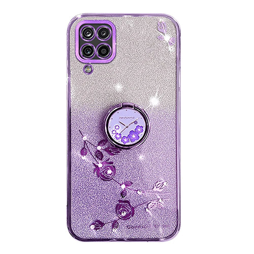 KADEM For Samsung Galaxy A12 Gradient Glitter Soft TPU Cover Flower Pattern Phone Case with Ring Kickstand - Purple - 1