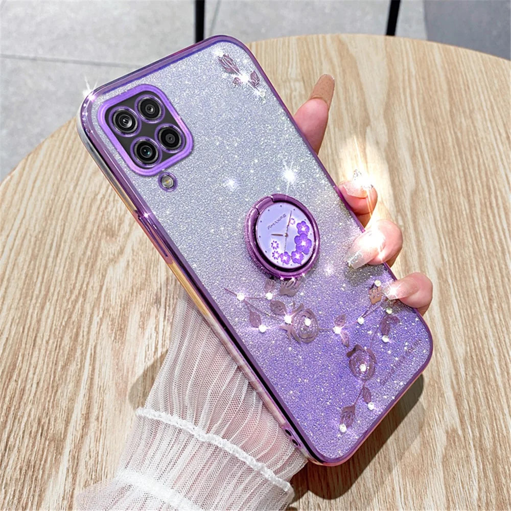 KADEM For Samsung Galaxy A12 Gradient Glitter Soft TPU Cover Flower Pattern Phone Case with Ring Kickstand - Purple - 2
