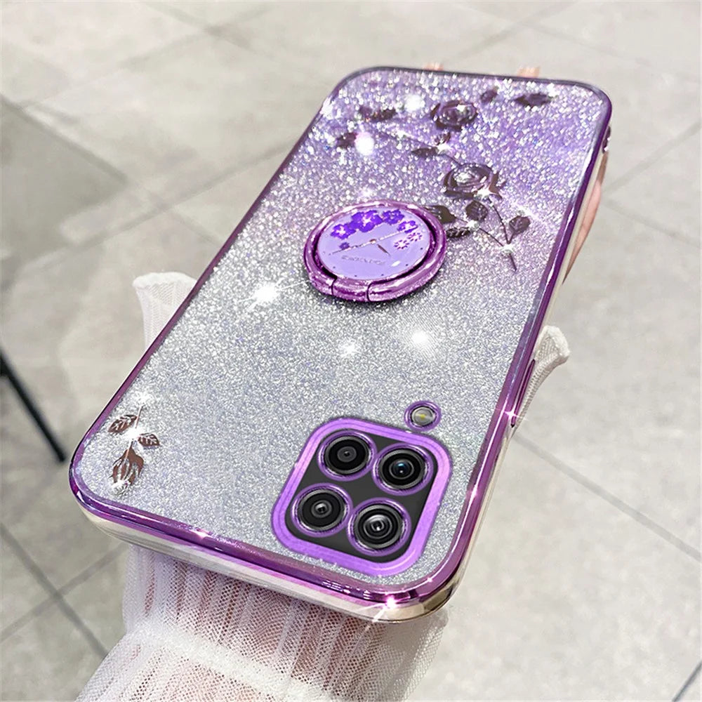 KADEM For Samsung Galaxy A12 Gradient Glitter Soft TPU Cover Flower Pattern Phone Case with Ring Kickstand - Purple - 3