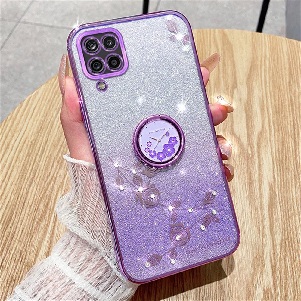 KADEM For Samsung Galaxy A12 Gradient Glitter Soft TPU Cover Flower Pattern Phone Case with Ring Kickstand - Purple - 4