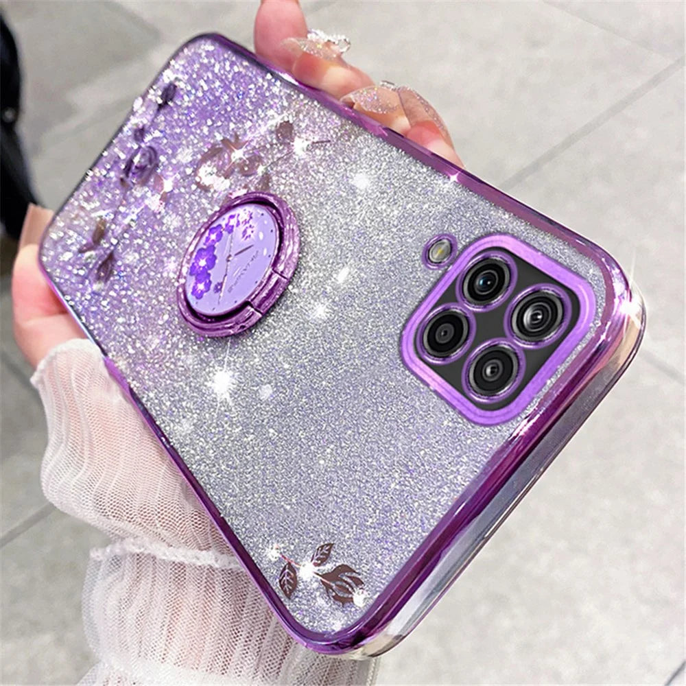 KADEM For Samsung Galaxy A12 Gradient Glitter Soft TPU Cover Flower Pattern Phone Case with Ring Kickstand - Purple - 5