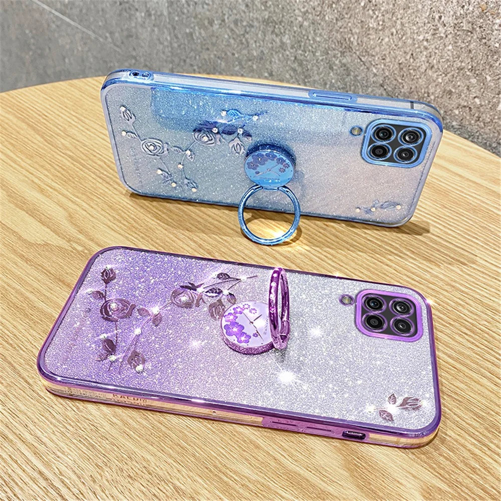 KADEM For Samsung Galaxy A12 Gradient Glitter Soft TPU Cover Flower Pattern Phone Case with Ring Kickstand - Purple - 6