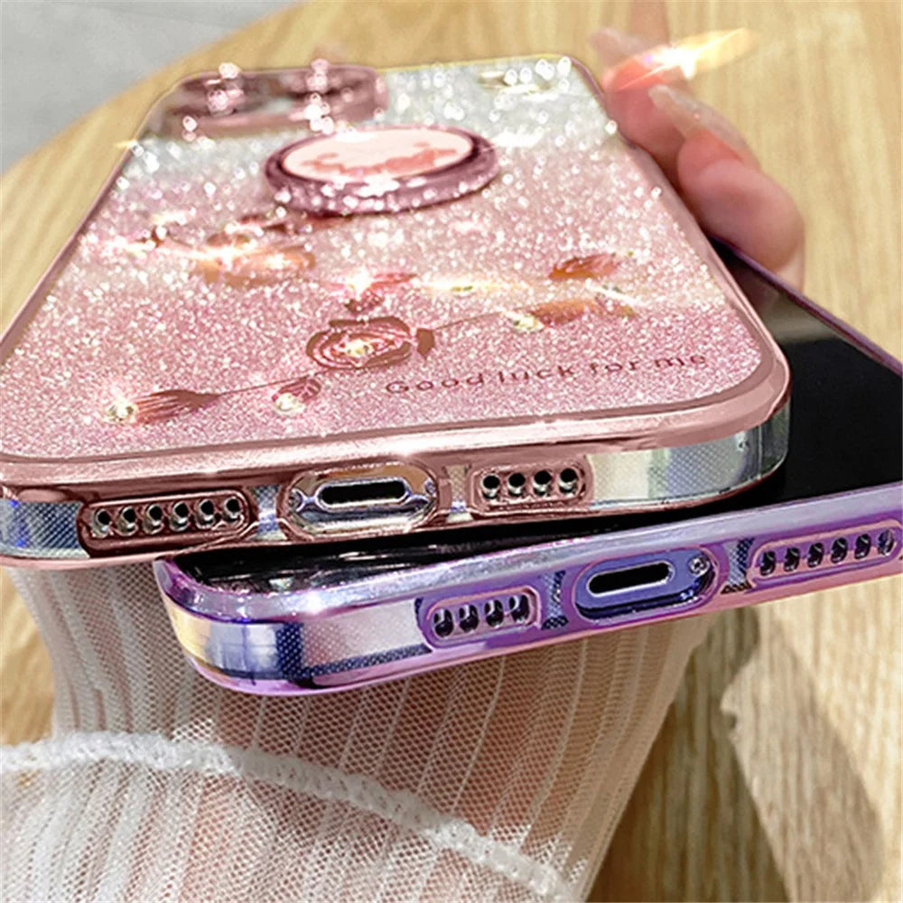 KADEM For Samsung Galaxy A12 Gradient Glitter Soft TPU Cover Flower Pattern Phone Case with Ring Kickstand - Purple - 7